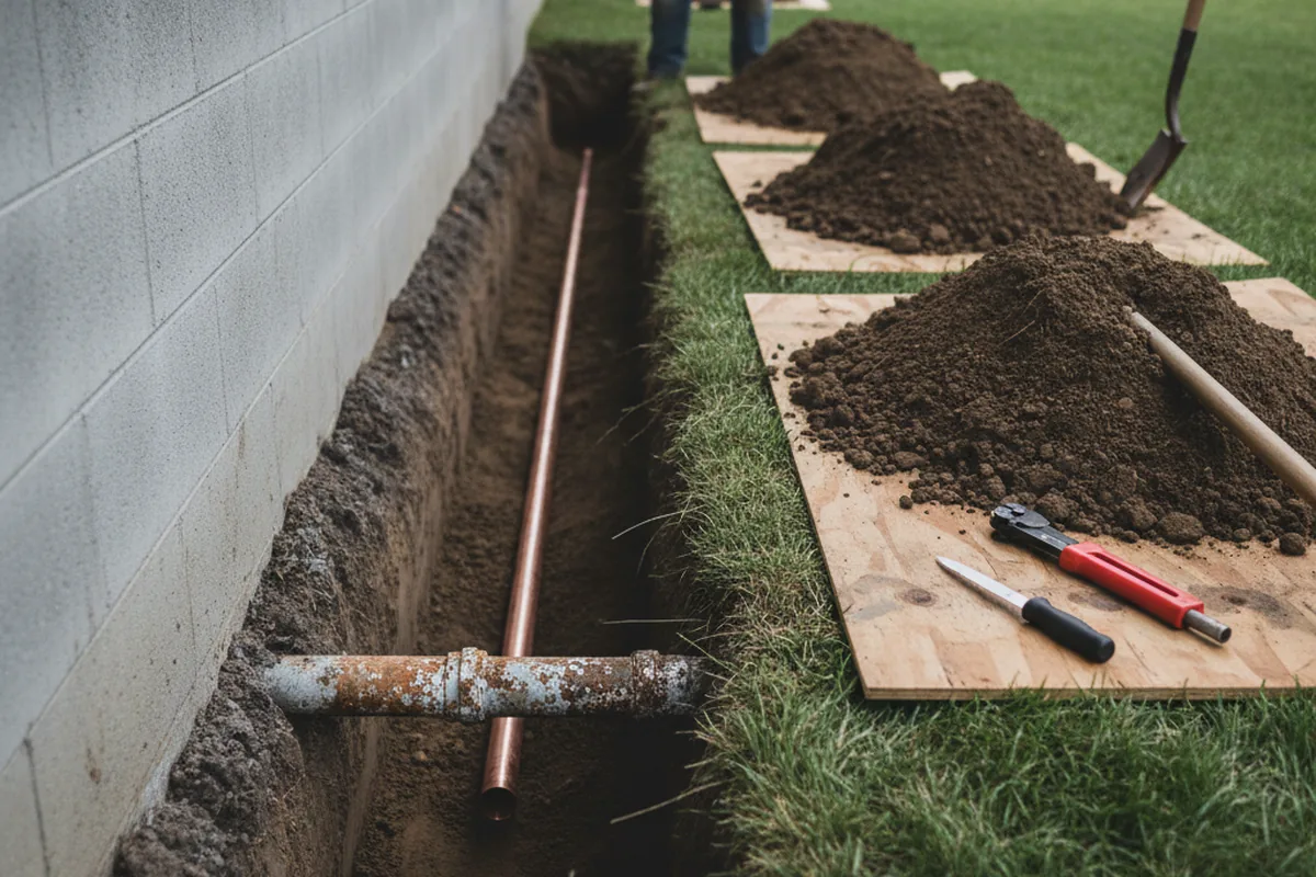 Excavated water line trench during Sewer Line Repair in Malvern